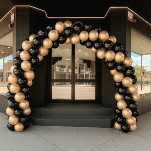 Black and gold balloon arch entrance decoration Sydney event styling
