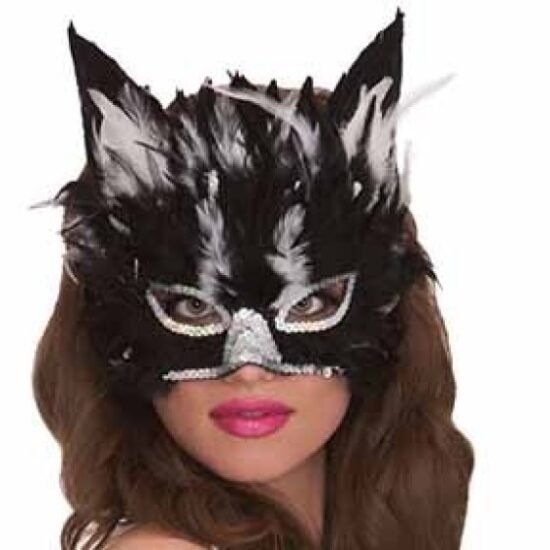 women black cat feather costume mask.