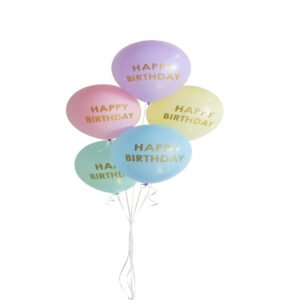 Pastel “Happy Birthday” balloon bouquet with gold lettering.