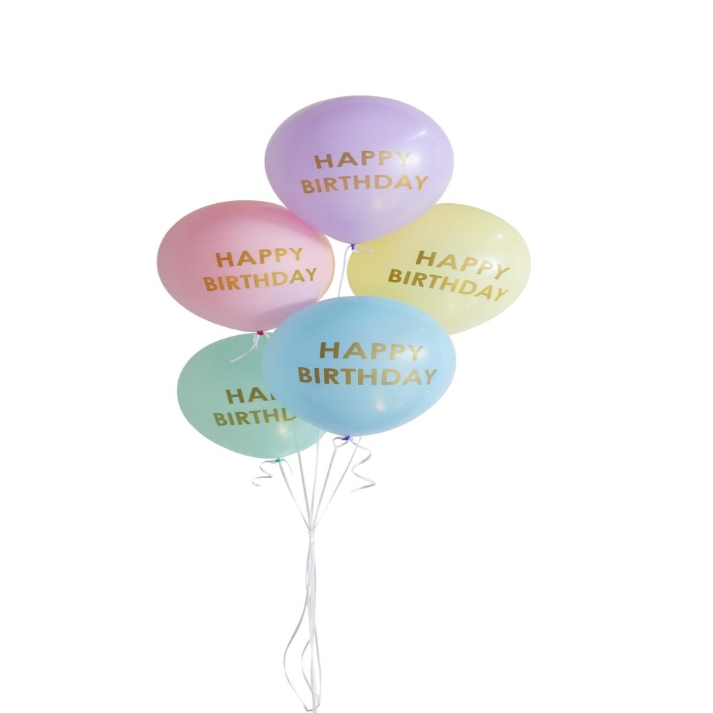 Pastel “Happy Birthday” balloon bouquet with gold lettering.
