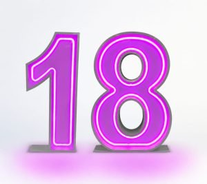 Neon number 18 light up numbers for birthday party hire Sydney