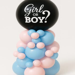 Mini gender reveal balloon tower with black “Girl or Boy?” balloon and pastel pink and blue balloons — gender reveal decoration by Queen Party Sydney.