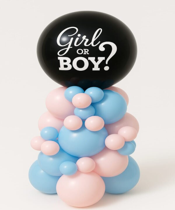 Mini gender reveal balloon tower with black “Girl or Boy?” balloon and pastel pink and blue balloons — gender reveal decoration by Queen Party Sydney.