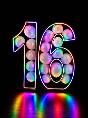 3D frame neon number filled with balloons