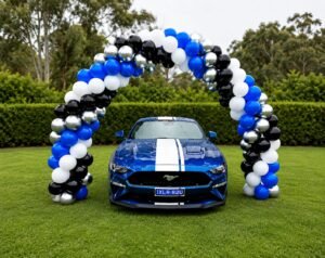 Blue, White, Black and Silver Balloon Arch for Car Launch Event in Sydney