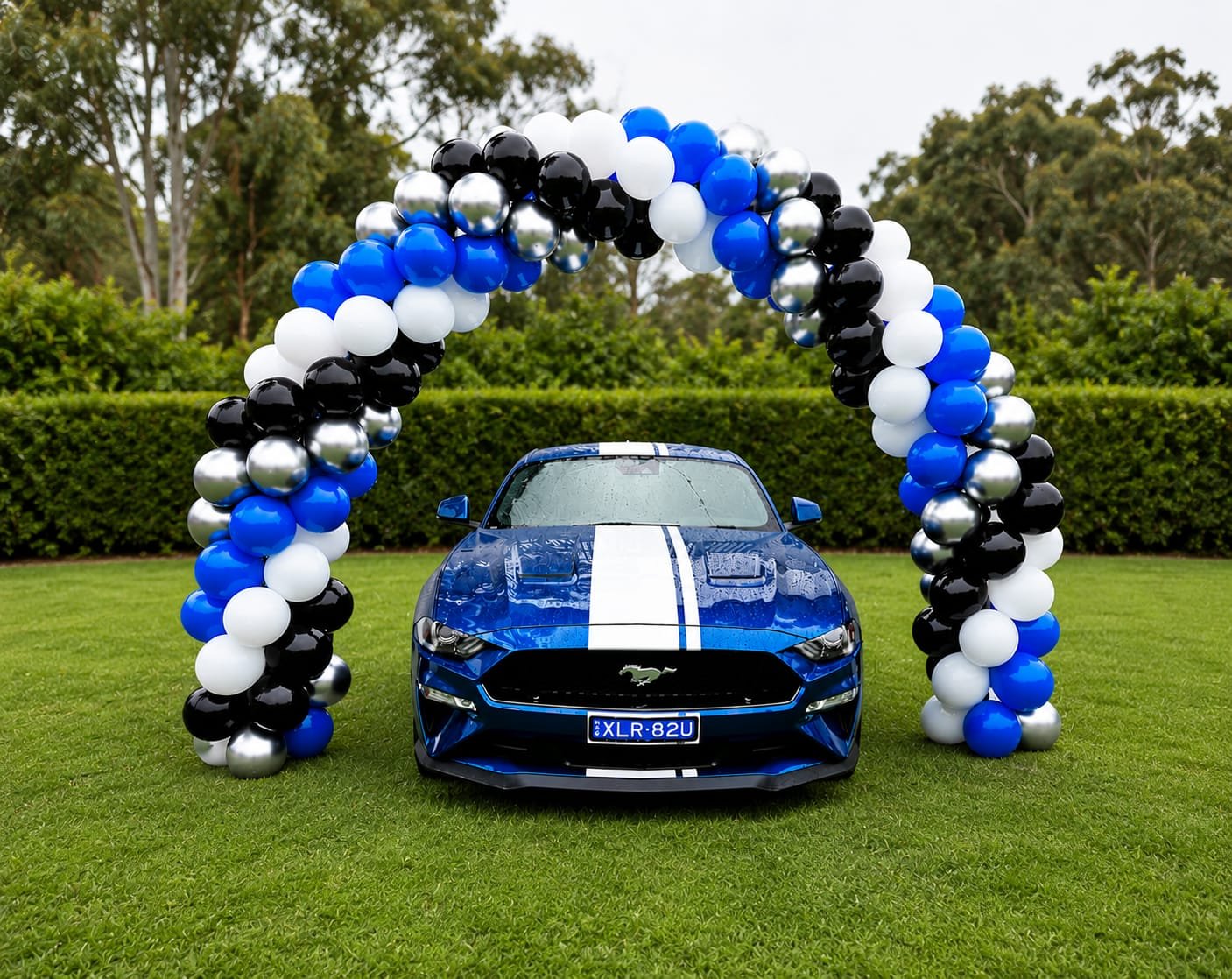 Blue, White, Black and Silver Balloon Arch for Car Launch Event in Sydney