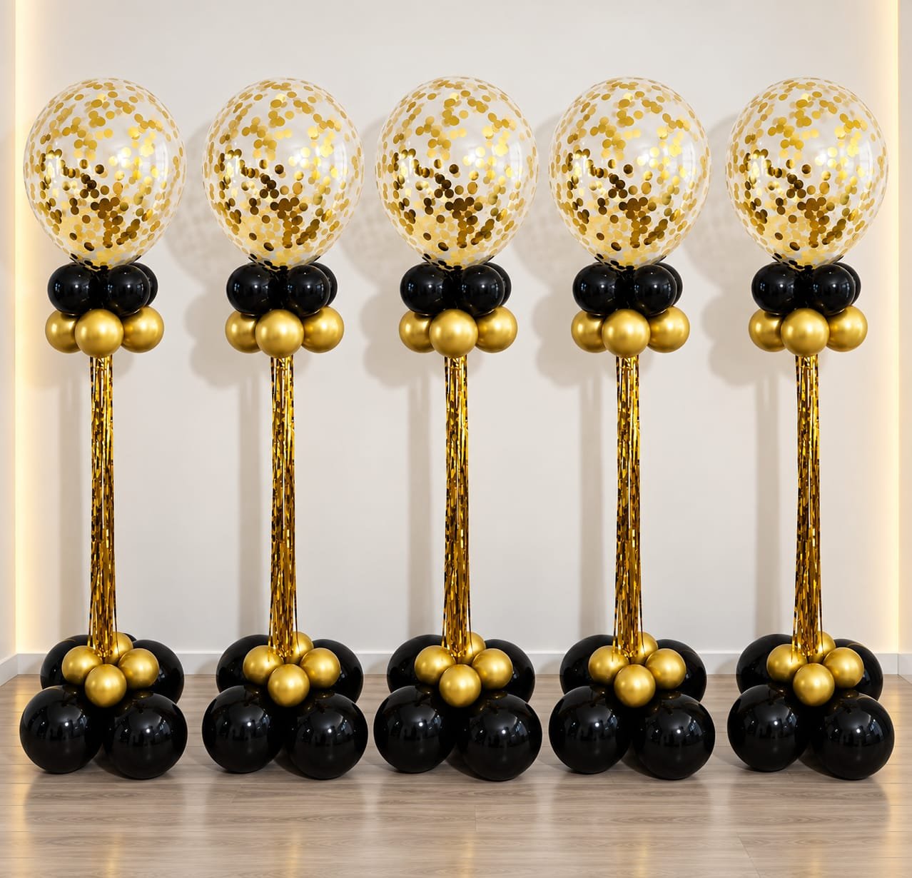 Gold confetti and streamer balloons